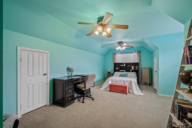 carpeted bedroom featuring ceiling fan and lofted ceiling