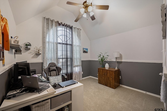 office space with light colored carpet, vaulted ceiling, and ceiling fan