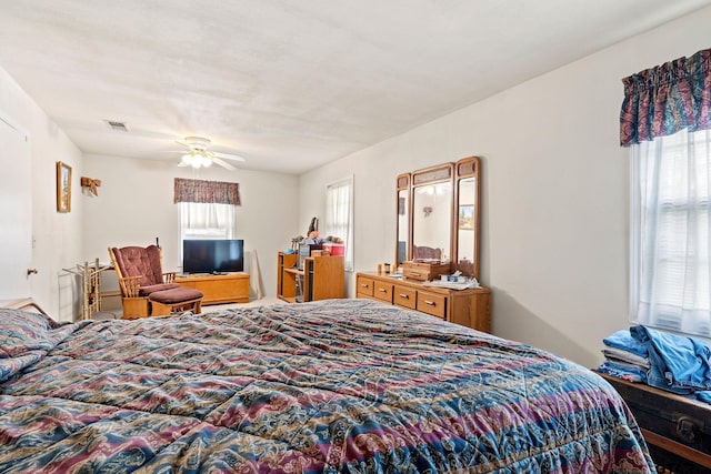 bedroom with multiple windows and ceiling fan