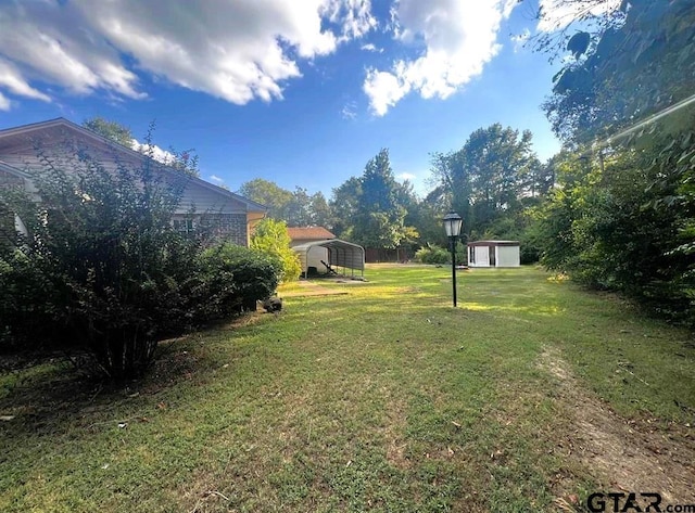 view of yard featuring a storage shed