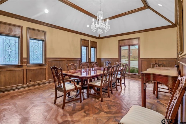 612 Rosemont Pl, Ii Place, Tyler, TX 75701 - dining room with a wainscoted wall, a chandelier, recessed lighting, and lofted ceiling
