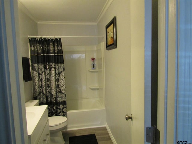 full bathroom featuring wood-type flooring, shower / bath combo with shower curtain, toilet, ornamental molding, and vanity