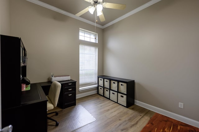 21327 Altuda Ln, Flint, TX 75762 - office area featuring ornamental molding, baseboards, light wood-type flooring, and a ceiling fan