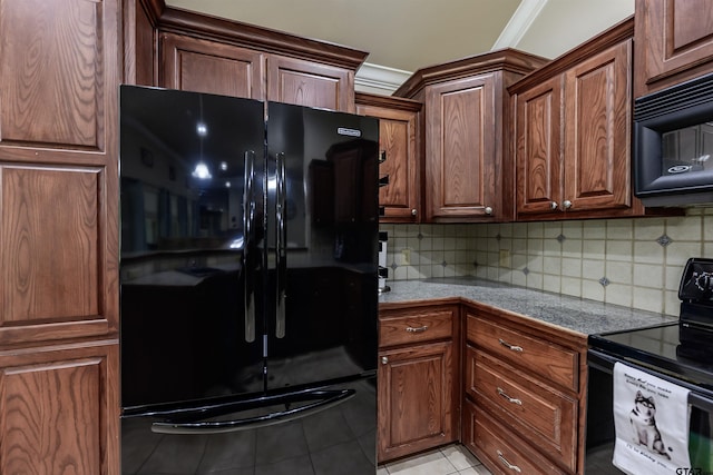 21327 Altuda Ln, Flint, TX 75762 - kitchen featuring black appliances, backsplash, light tile patterned flooring, ornamental molding, and tile counters