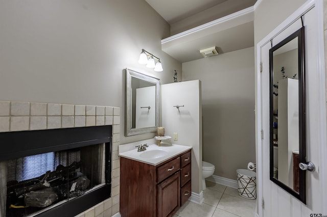 21327 Altuda Ln, Flint, TX 75762 - bathroom with vanity, tile patterned floors, and a multi sided fireplace