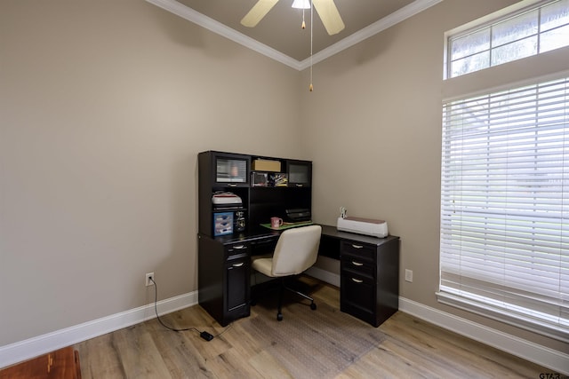 21327 Altuda Ln, Flint, TX 75762 - home office featuring ornamental molding, light wood finished floors, baseboards, and ceiling fan