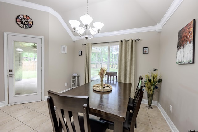 21327 Altuda Ln, Flint, TX 75762 - dining room with lofted ceiling, light tile patterned floors, ornamental molding, a chandelier, and baseboards