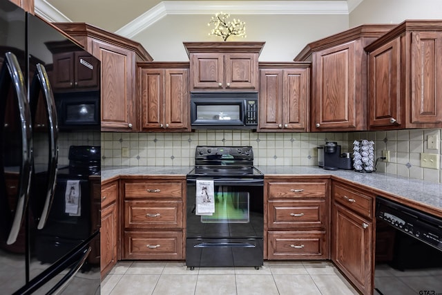 21327 Altuda Ln, Flint, TX 75762 - kitchen with black appliances, ornamental molding, tasteful backsplash, and light tile patterned floors