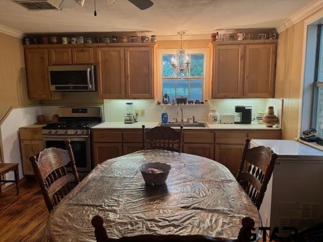 kitchen featuring appliances with stainless steel finishes, dark wood-type flooring, crown molding, sink, and decorative light fixtures