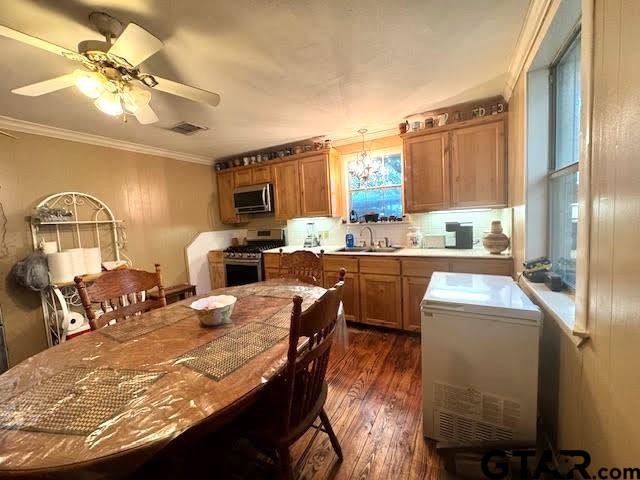 kitchen with sink, crown molding, decorative light fixtures, dark hardwood / wood-style flooring, and stainless steel appliances