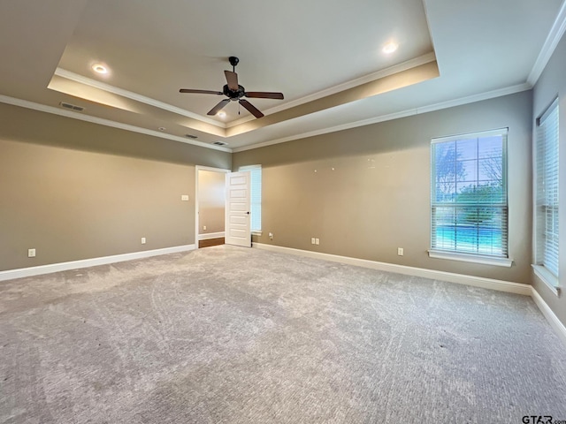 spare room featuring crown molding, carpet flooring, a tray ceiling, and ceiling fan