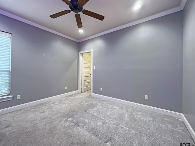 carpeted empty room with ornamental molding, a wealth of natural light, and ceiling fan