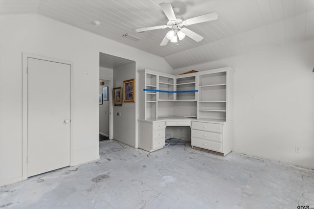 interior space with vaulted ceiling, visible vents, a ceiling fan, and unfinished concrete floors