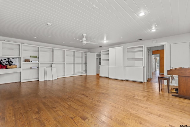 interior space with visible vents, a ceiling fan, wood ceiling, wood finished floors, and recessed lighting