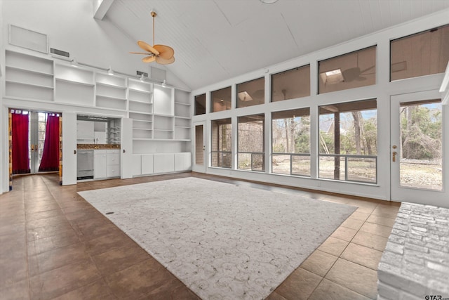 unfurnished living room featuring high vaulted ceiling, ceiling fan, built in shelves, and visible vents