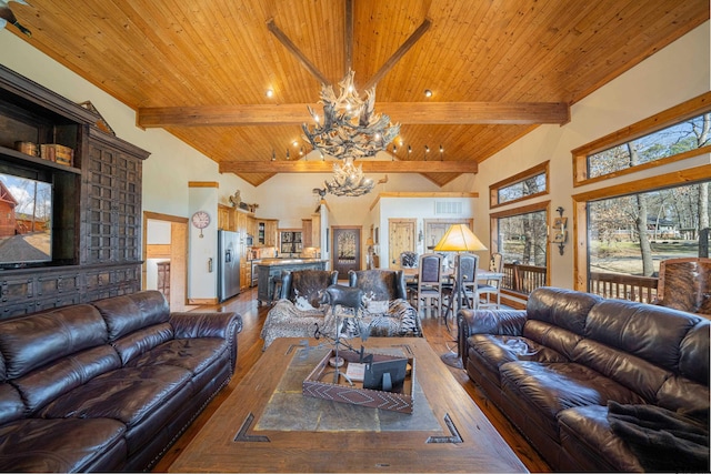 living room with a chandelier, wooden ceiling, wood-type flooring, and beam ceiling