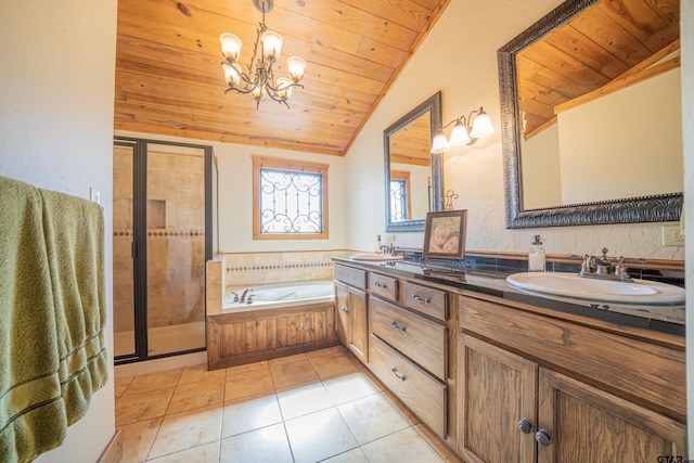 bathroom featuring a stall shower, lofted ceiling, wood ceiling, and a sink