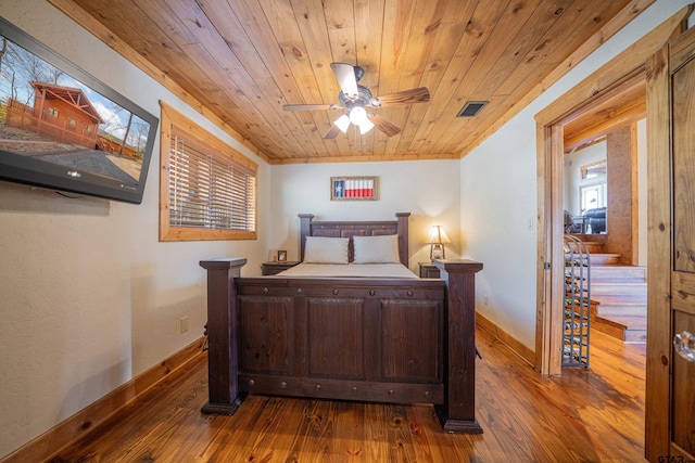 bedroom with baseboards, wood ceiling, visible vents, and dark wood-type flooring