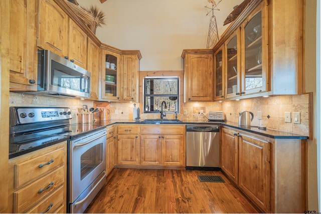 kitchen with dark wood finished floors, glass insert cabinets, stainless steel appliances, and a sink