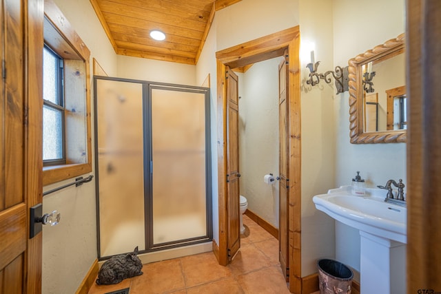 bathroom featuring toilet, wood ceiling, tile patterned flooring, a shower stall, and a sink