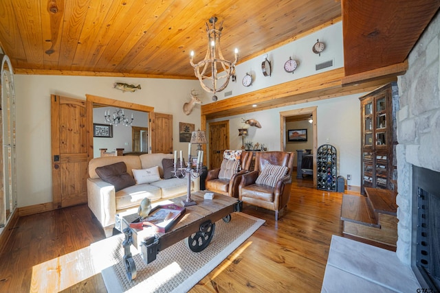 living room featuring wood finished floors, a fireplace with flush hearth, wood ceiling, and an inviting chandelier