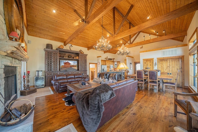 living room with a fireplace, a notable chandelier, visible vents, wooden ceiling, and hardwood / wood-style floors