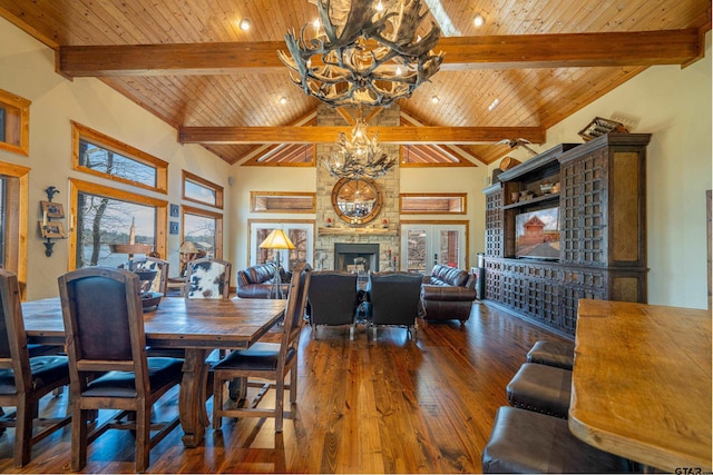 dining area with a chandelier, wooden ceiling, a fireplace, and hardwood / wood-style floors