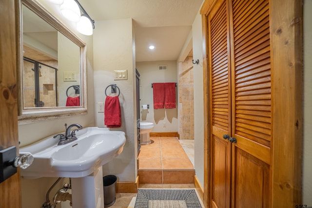 bathroom with tile patterned flooring, a closet, visible vents, and toilet