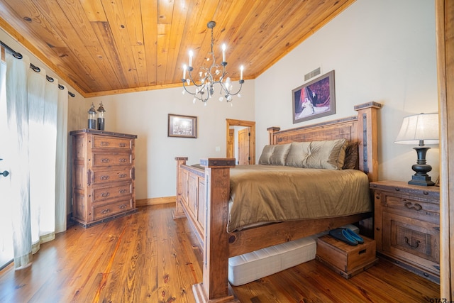 bedroom featuring wooden ceiling, visible vents, vaulted ceiling, and wood finished floors