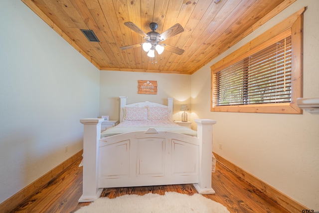 bedroom with wood ceiling, wood finished floors, visible vents, and a ceiling fan