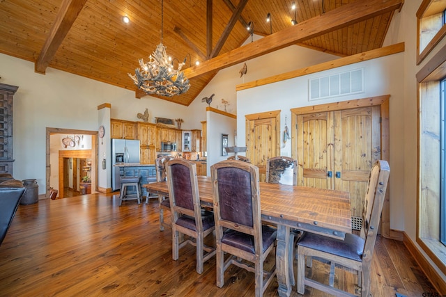 dining area featuring a notable chandelier, wood ceiling, visible vents, and hardwood / wood-style floors