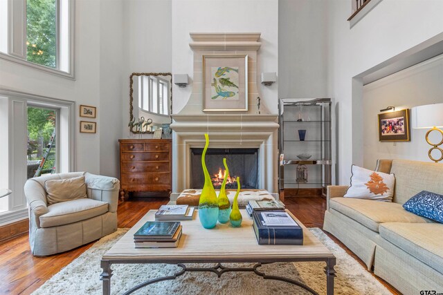 living room with a large fireplace, wood-type flooring, and a towering ceiling