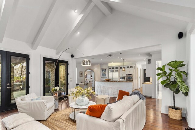 living room featuring beamed ceiling, dark hardwood / wood-style floors, high vaulted ceiling, and french doors