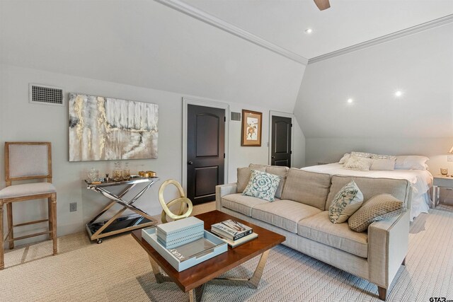 living room featuring light colored carpet, vaulted ceiling, ceiling fan, and crown molding