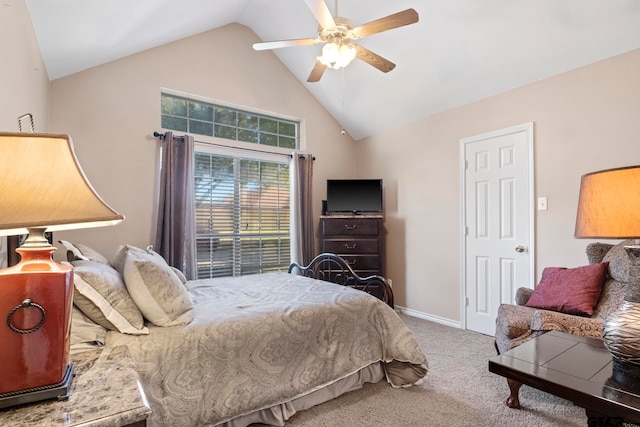 carpeted bedroom with lofted ceiling and ceiling fan