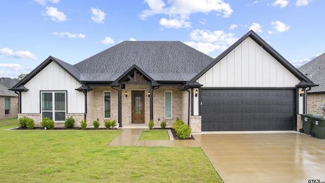 11918 Gillian Ct, Tyler, TX 75703 - view of front facade featuring a garage, board and batten siding, driveway, a front yard, and roof with shingles