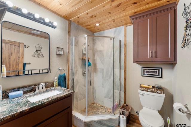 111 Little River Bnd, Quitman, TX 75783 - bathroom featuring wooden ceiling, a shower stall, toilet, and vanity