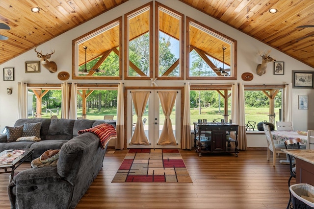111 Little River Bnd, Quitman, TX 75783 - living area featuring wooden ceiling, hardwood / wood-style flooring, and high vaulted ceiling