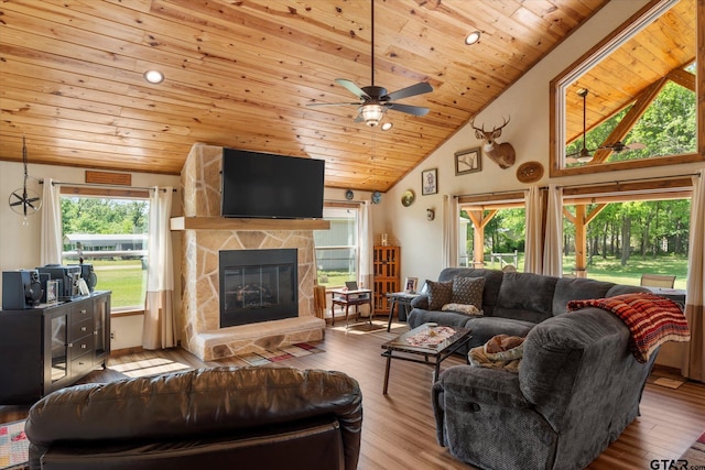 111 Little River Bnd, Quitman, TX 75783 - living area with wood ceiling, a fireplace, high vaulted ceiling, and a ceiling fan