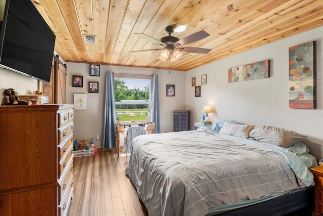 111 Little River Bnd, Quitman, TX 75783 - bedroom with visible vents, light wood-style flooring, a barn door, and wood ceiling