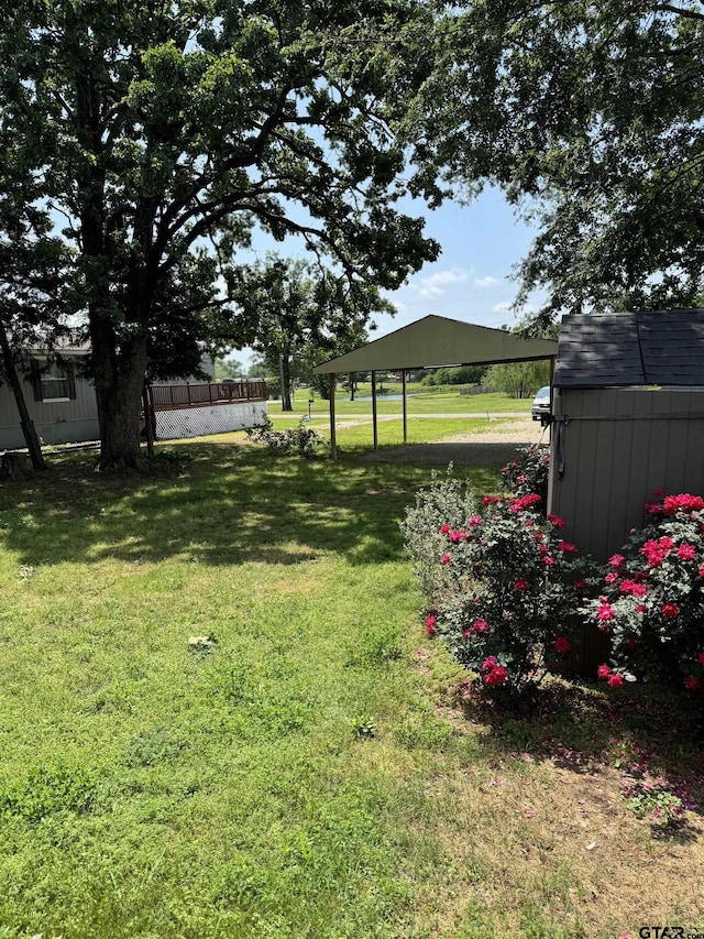 view of yard with an outdoor structure, a storage unit, and a carport