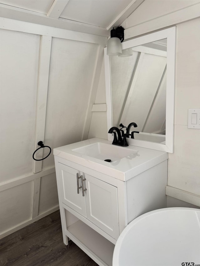 bathroom with wood finished floors and vanity