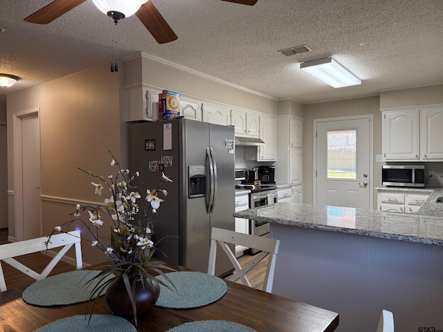 kitchen with visible vents, a peninsula, appliances with stainless steel finishes, white cabinets, and ceiling fan