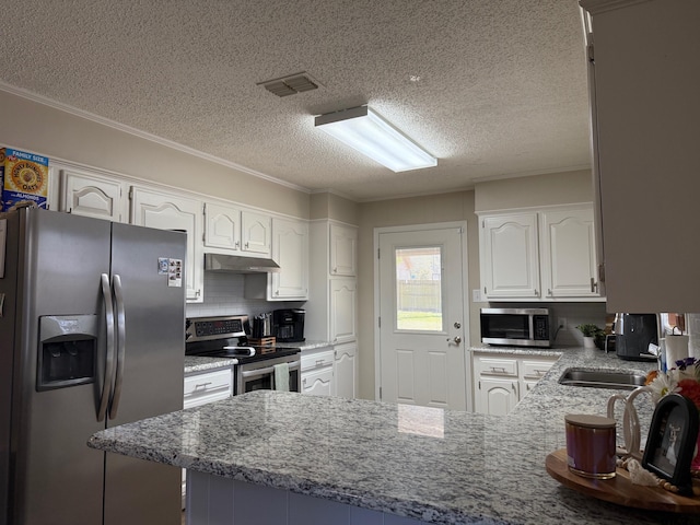 kitchen featuring white cabinetry, a peninsula, and stainless steel appliances