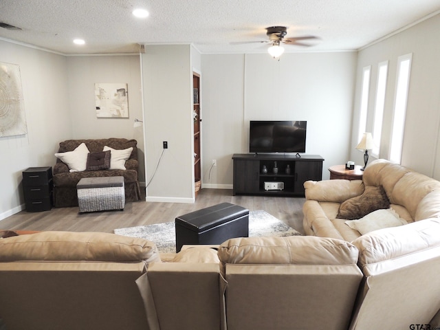 living room with light hardwood / wood-style floors, a textured ceiling, ceiling fan, and crown molding