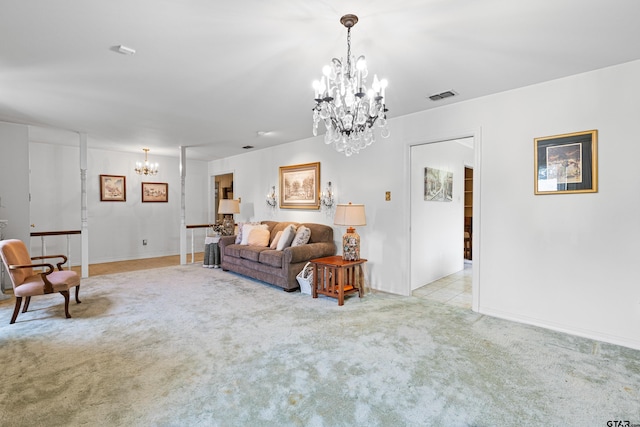 1901 Livingston St, Longview, TX 75601 - living room with a chandelier, light carpet, and baseboards