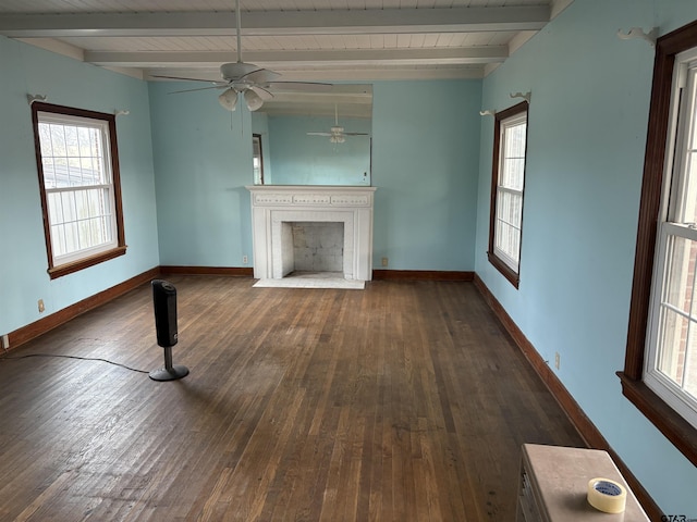 unfurnished living room with beam ceiling and dark wood-type flooring