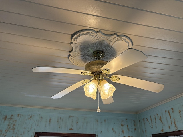 details featuring crown molding and ceiling fan