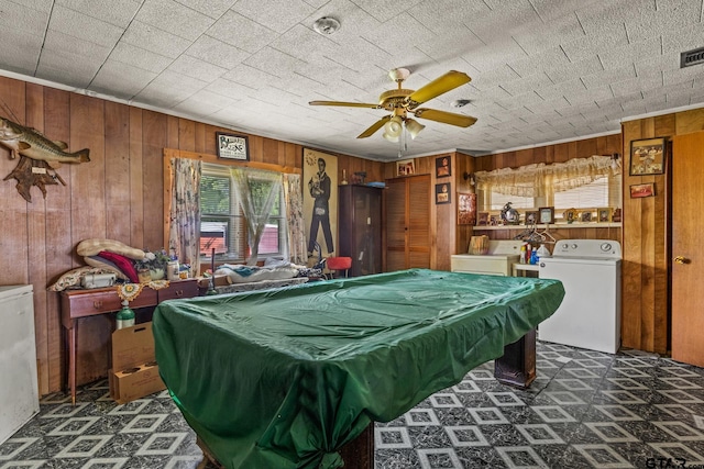 500 W Mclean St, Talco, TX 75487 - game room featuring wooden walls, washer and clothes dryer, tile patterned floors, ceiling fan, and pool table