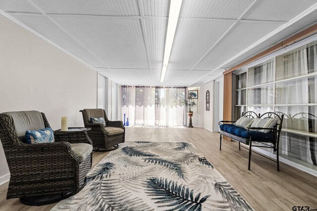 living room featuring expansive windows and wood-type flooring